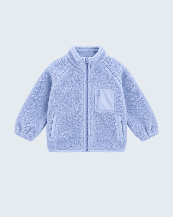 Light blue sherpa fleece zip-up jacket with chest pocket and two side pockets