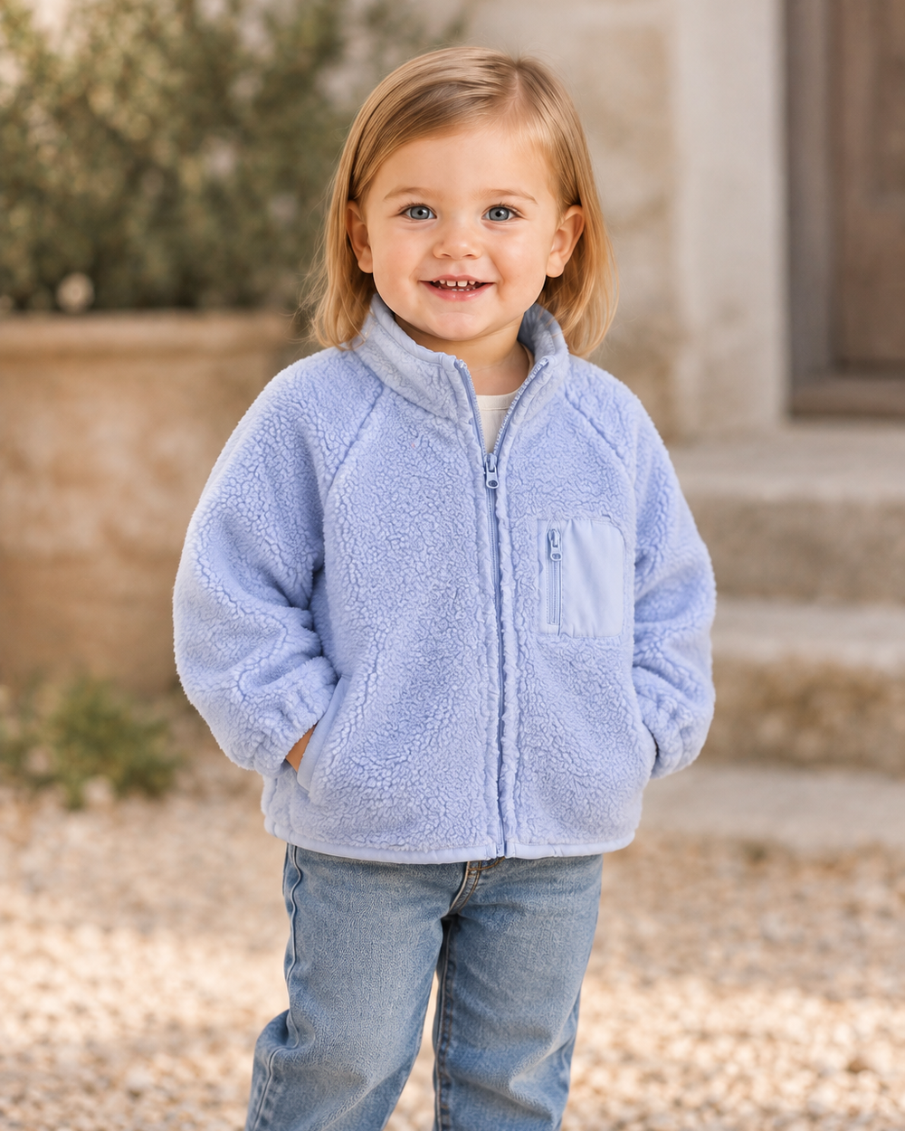 Light blue sherpa fleece zip-up jacket with stand collar and front pockets
