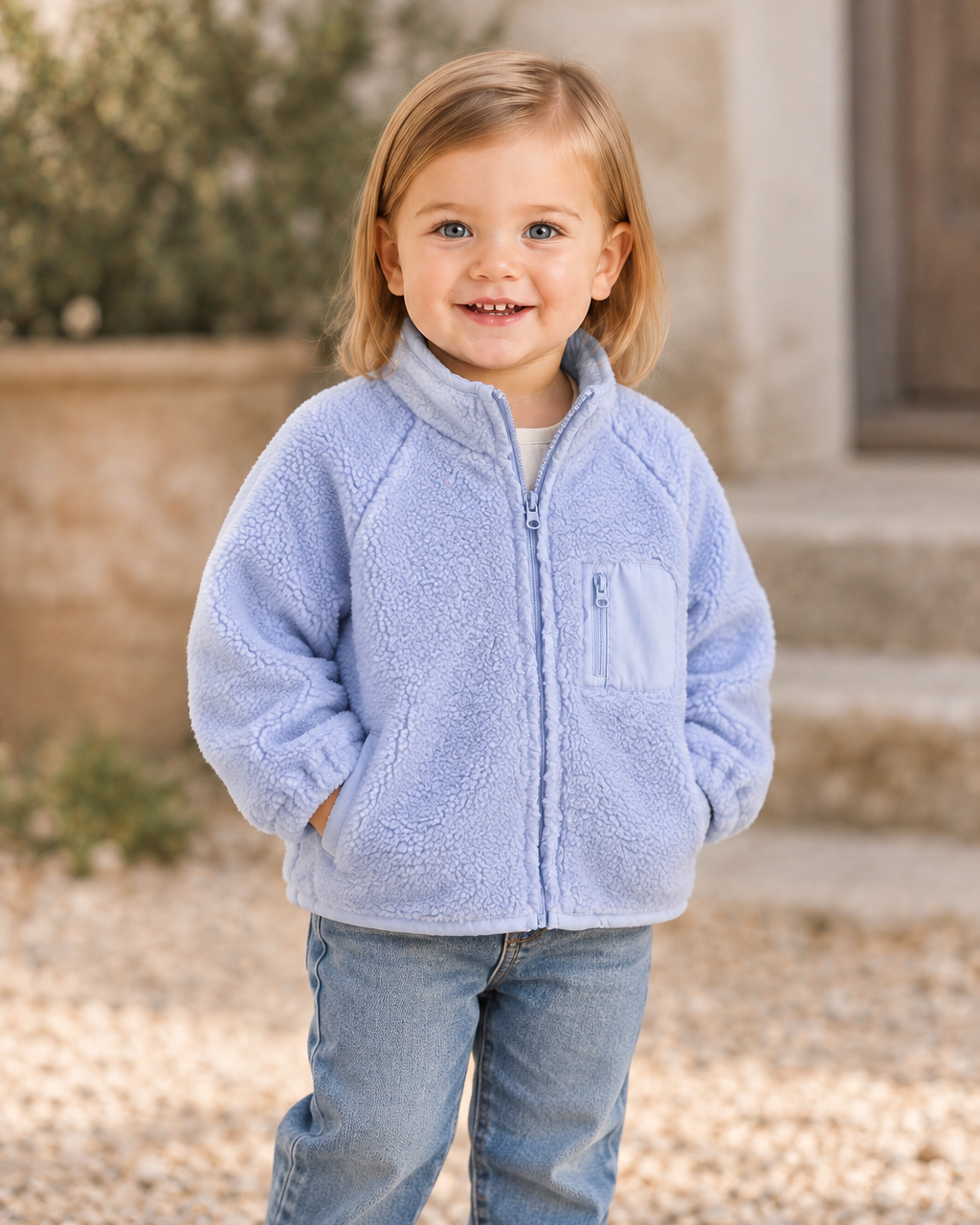 Light blue sherpa fleece zip-up jacket with stand collar and front pockets