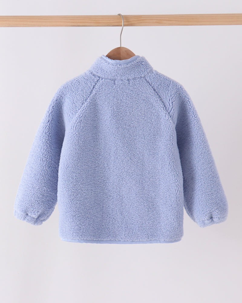 Light blue fleece zip-up jacket with stand collar