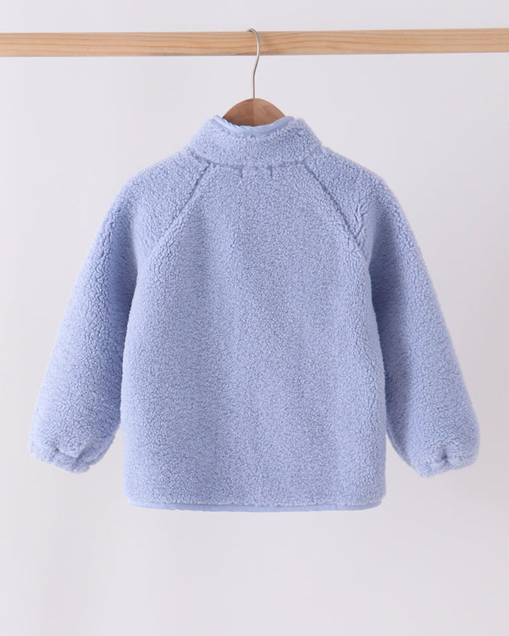 Light blue fleece zip-up jacket with stand collar
