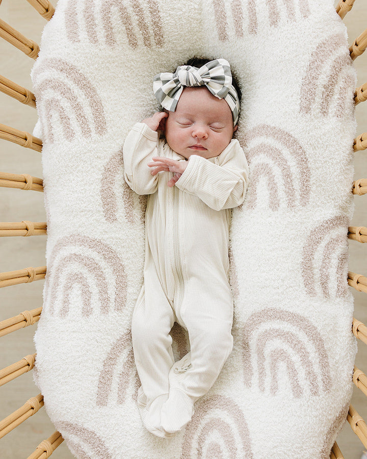 Green and white checkered baby head wrap bow on newborn