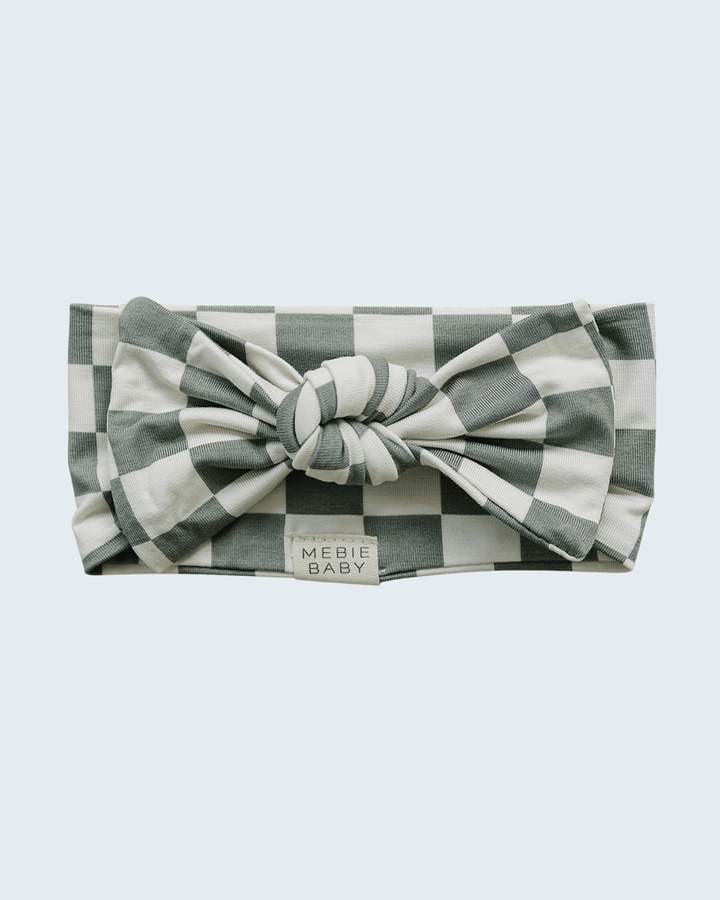 Light green checkered bamboo head wrap with knotted bow at front