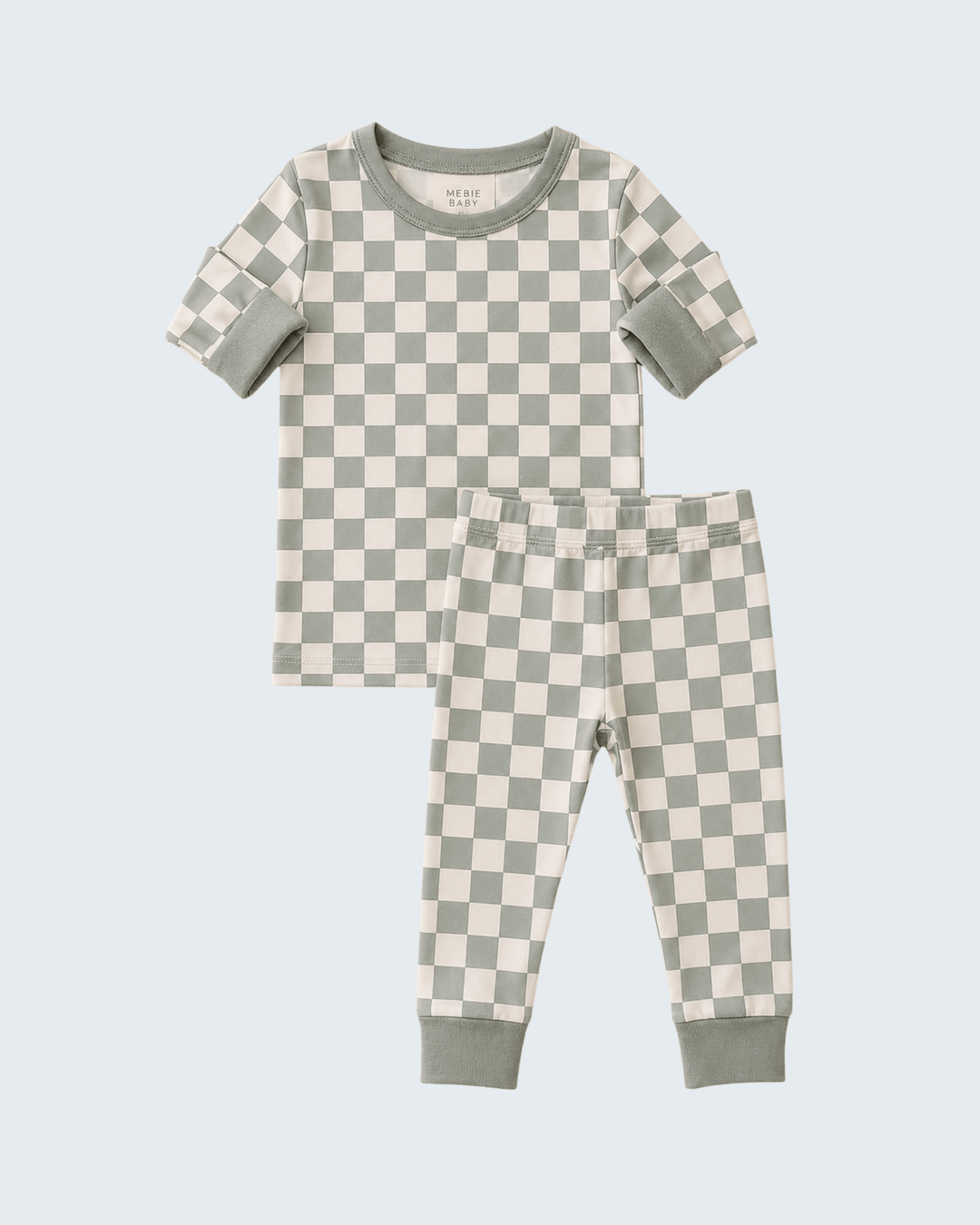 Light green checkered bamboo pajama set with long sleeves and matching pants