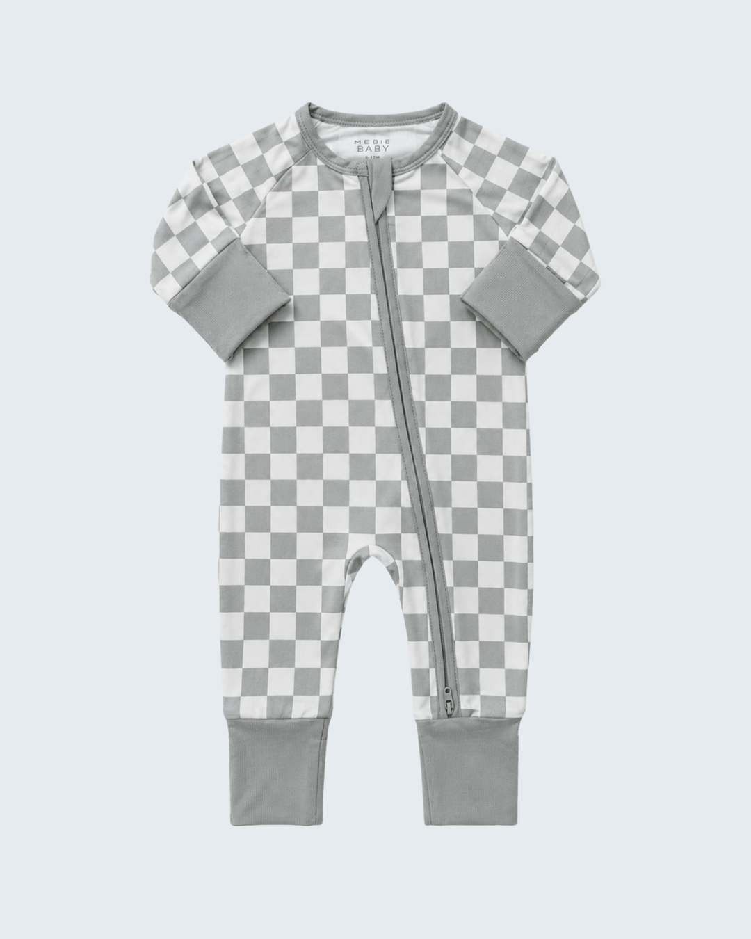 Light green checkered bamboo zipper romper with long sleeves and front zip, gray cuffs