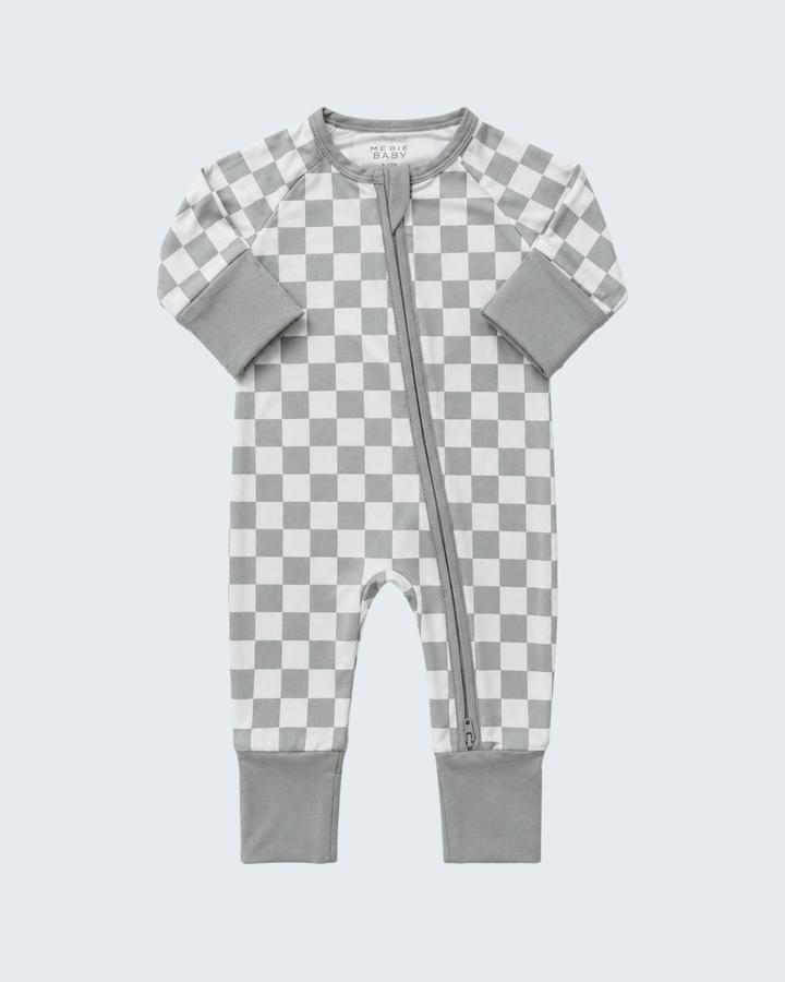 Light green checkered bamboo zipper romper with long sleeves and front zip, gray cuffs