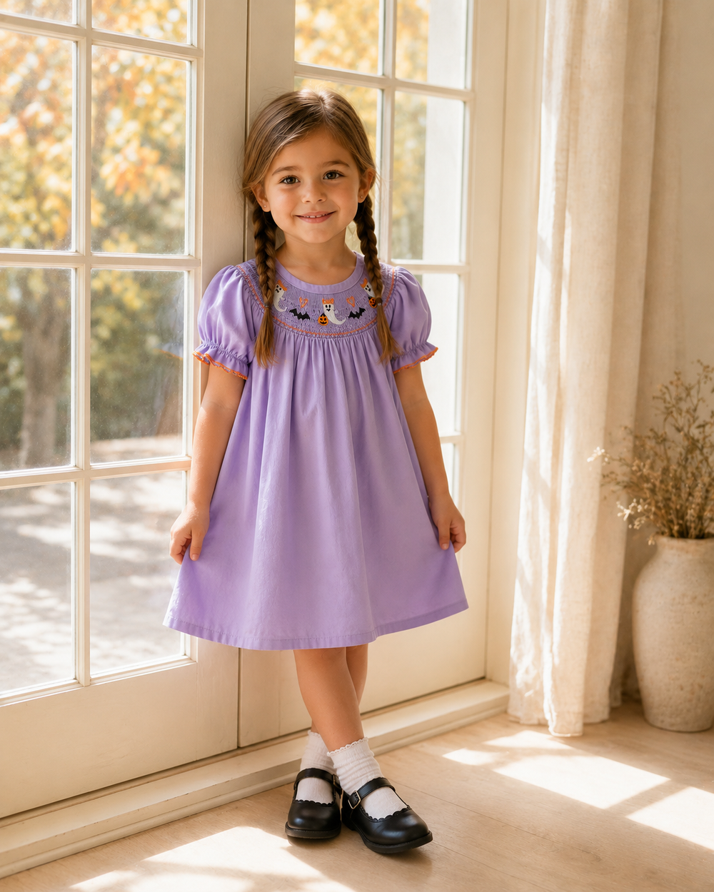 A young girl with braided hair stands in a sunlit room wearing a lavender short-sleeve dress with embroidered detailing around the neckline, white socks, and black Mary Jane shoes.