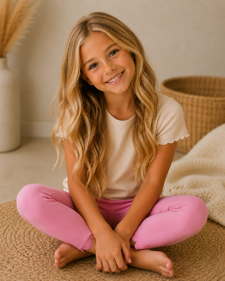 Young girl sitting on a woven mat wearing a white shirt and pink pants, with a neutral background.
