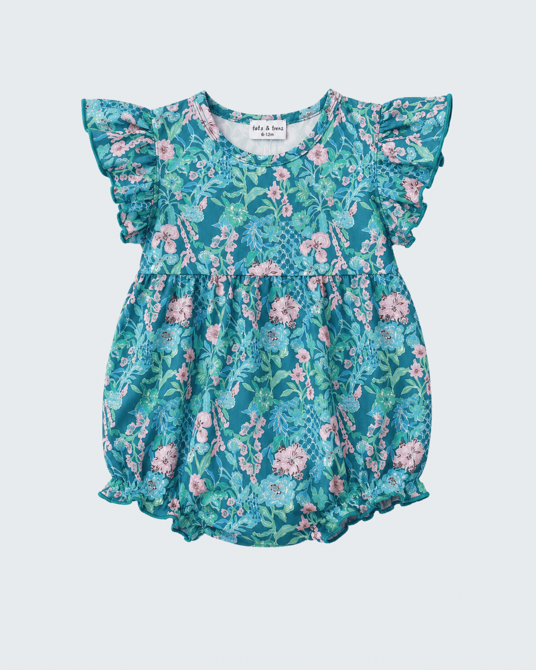Blue floral flutter-sleeve baby romper with elastic waist and ruffled leg openings