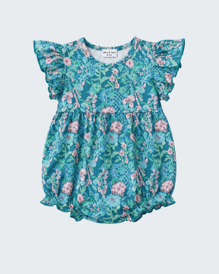 Blue floral flutter-sleeve baby romper with elastic waist and ruffled leg openings