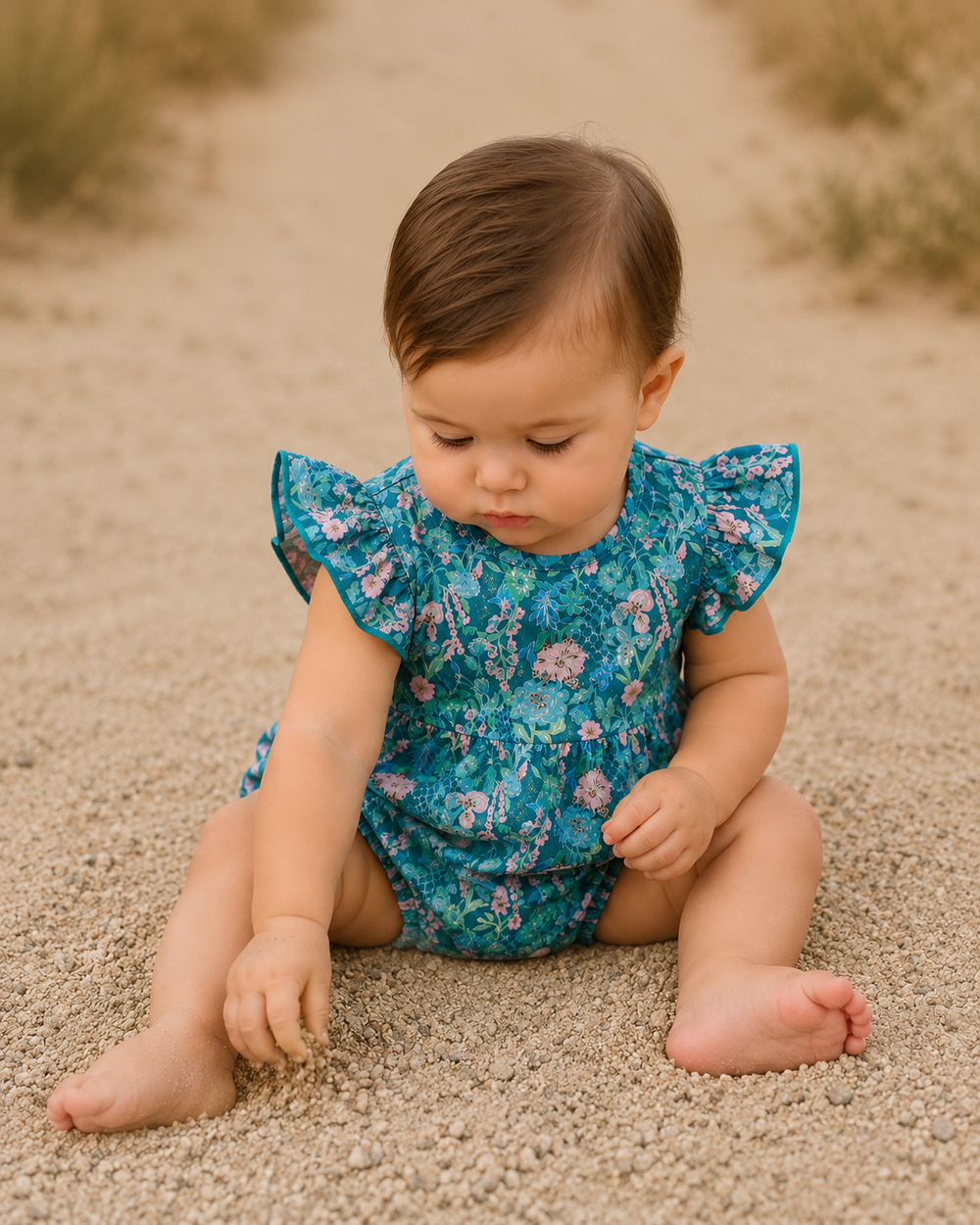 Baby wearing blue floral romper with flutter sleeves while crawling on sand