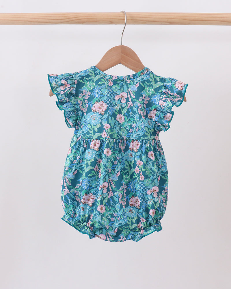 Blue floral baby romper with flutter sleeves and gathered ruffle hem
