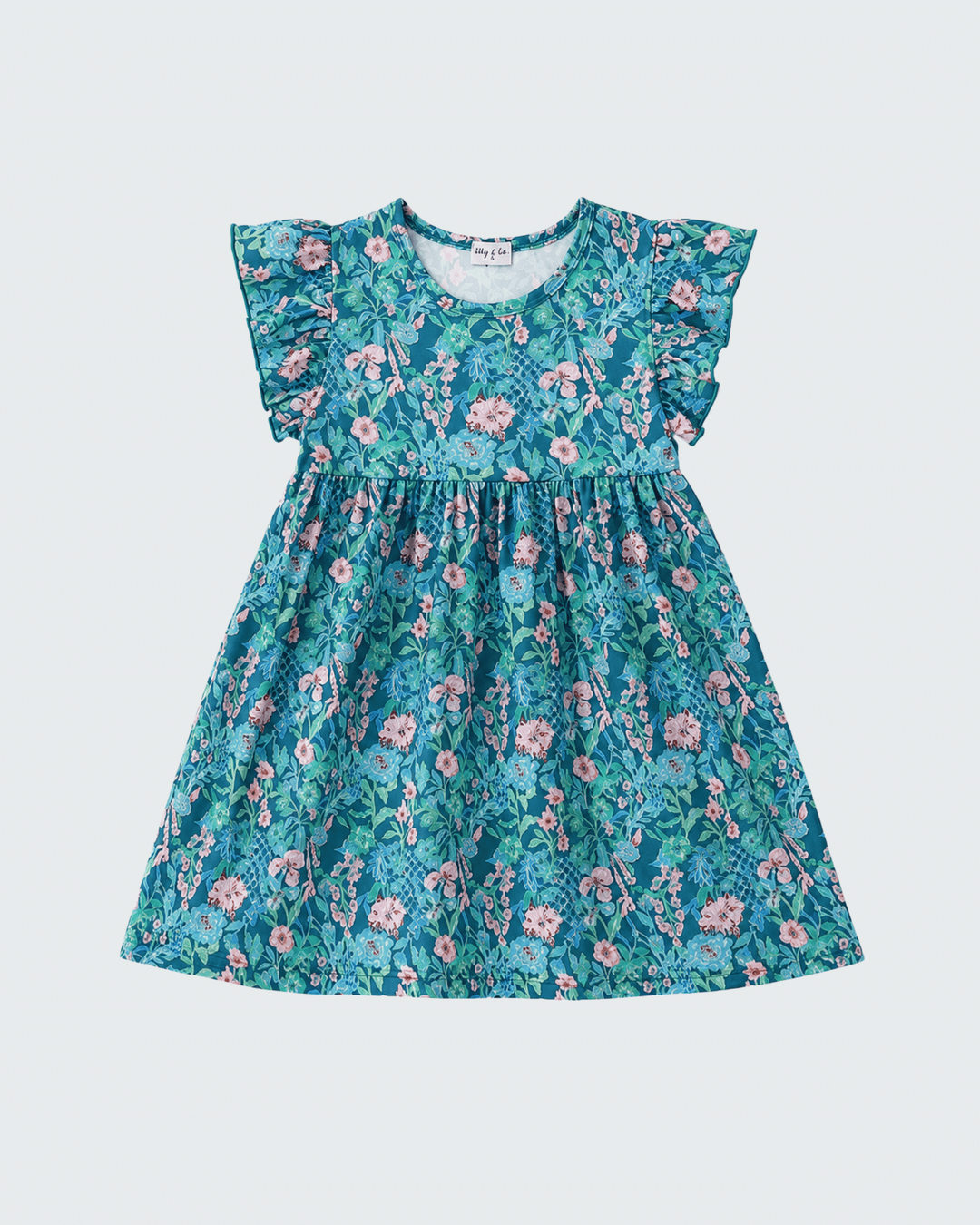 Girls turquoise floral dress, flutter sleeves, gathered waist, round neckline, A-line