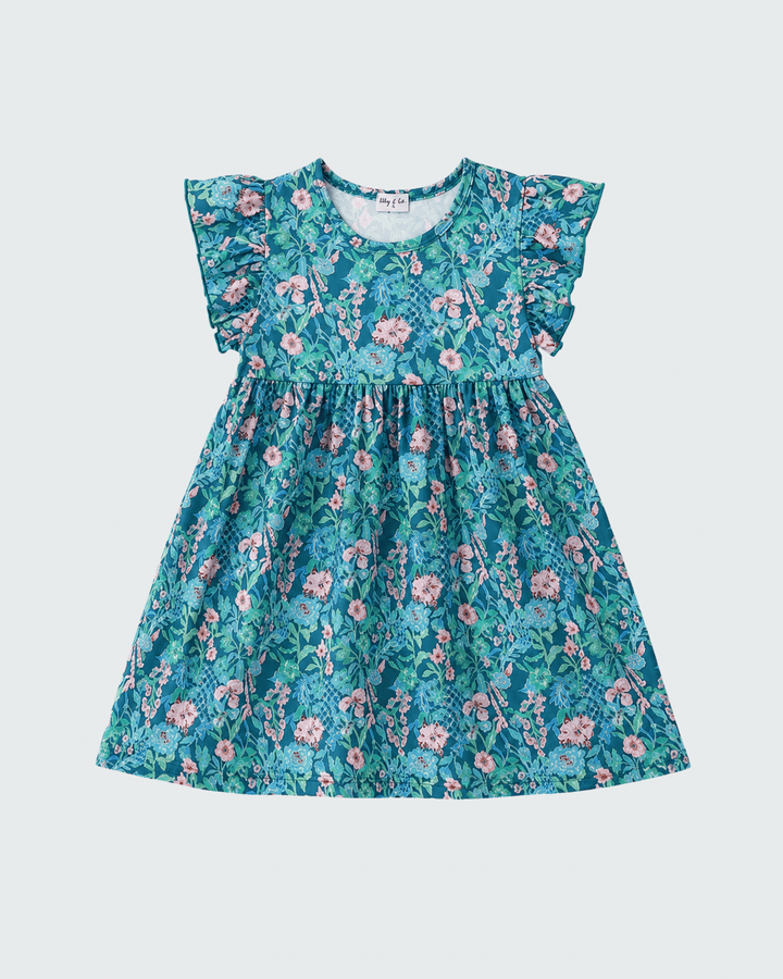 Girls turquoise floral dress, flutter sleeves, gathered waist, round neckline, A-line