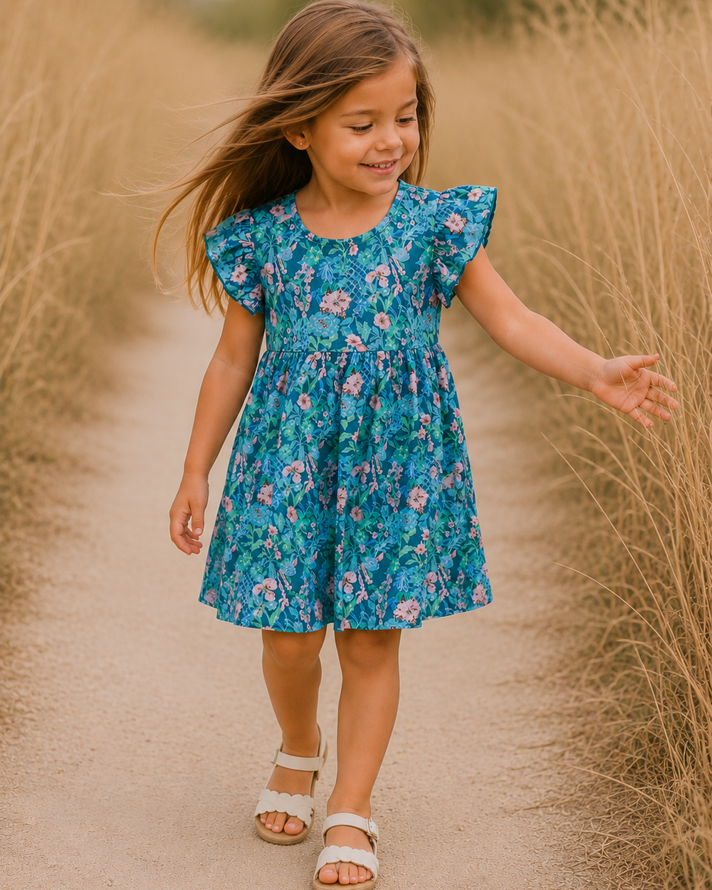Girls turquoise floral sundress with flutter sleeves and gathered waist, worn with sandals