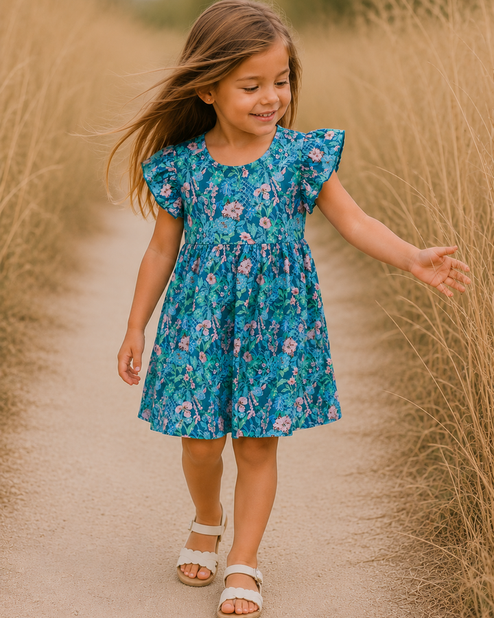 Girls turquoise floral sundress with flutter sleeves and gathered waist, worn with sandals
