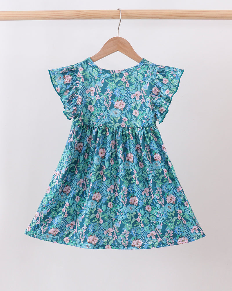Lily floral dress in teal with pink floral print, flutter sleeves, gathered waist