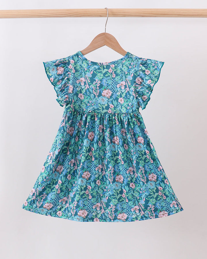 Lily floral dress in teal with pink floral print, flutter sleeves, gathered waist