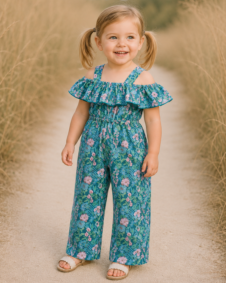 Girls turquoise floral off-shoulder ruffle jumpsuit with smocked waist and wide legs