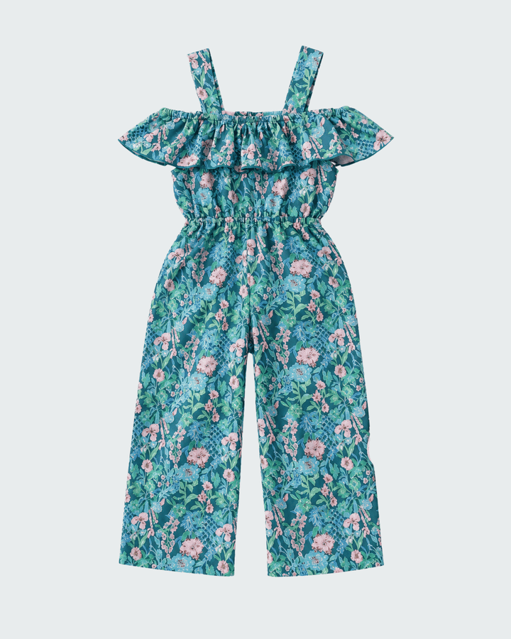Turquoise floral off-shoulder ruffle jumpsuit with smocked waist and wide-leg pants