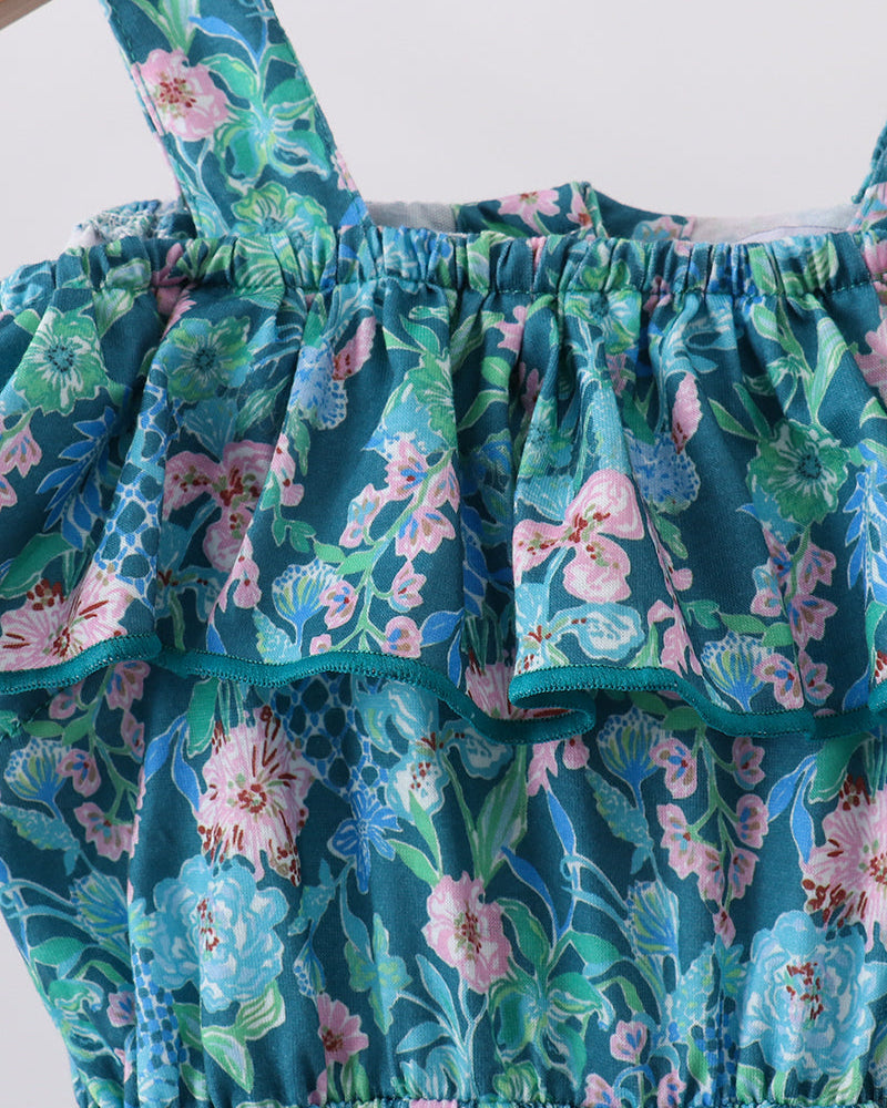 Turquoise floral off-shoulder bodice with ruffle trim and elastic smocked neckline