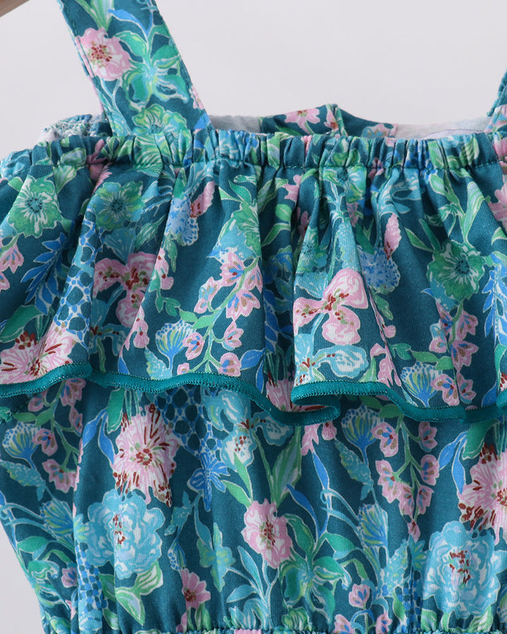 Turquoise floral off-shoulder bodice with ruffle trim and elastic smocked neckline