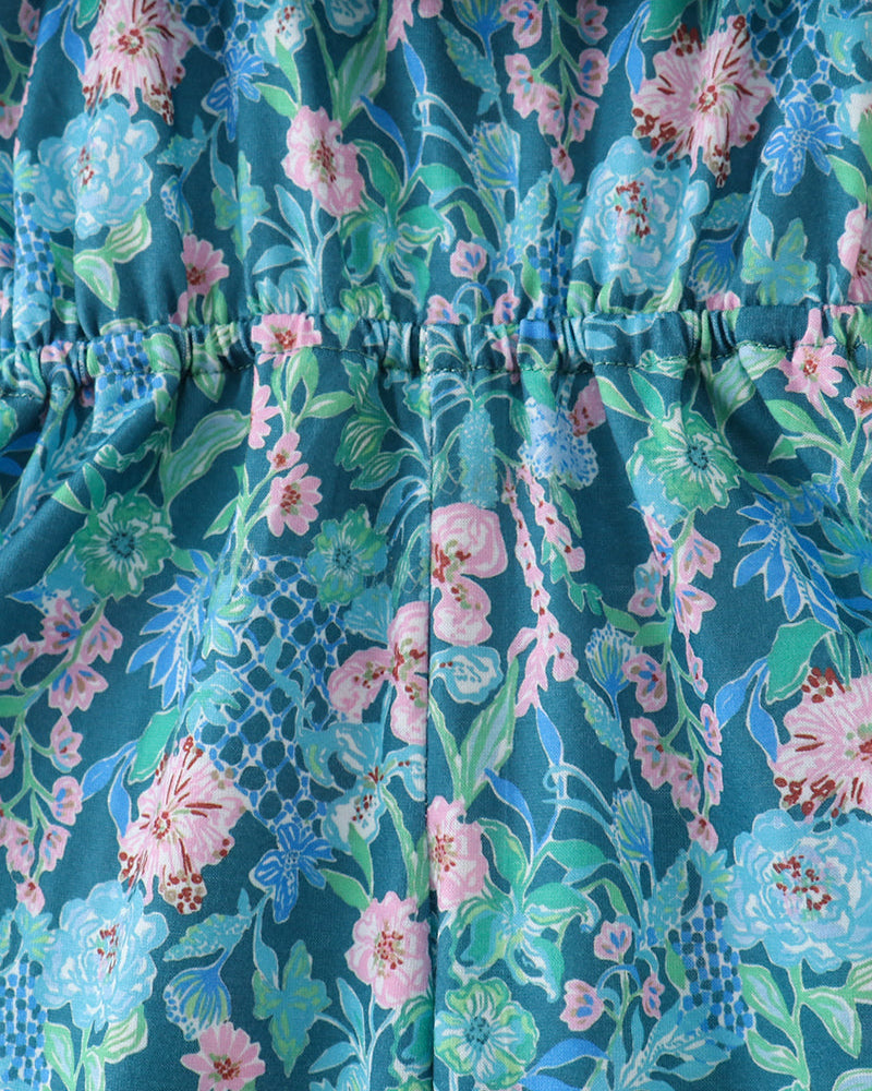 Turquoise floral fabric with pink and green blossoms, gathered smocked bodice