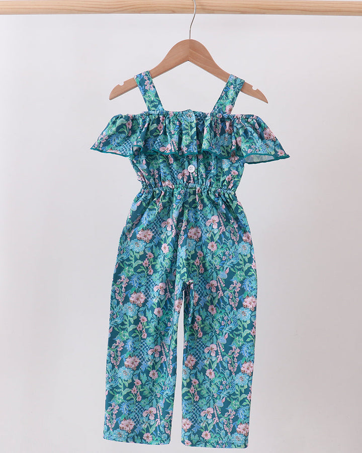 Turquoise floral off-shoulder jumpsuit with ruffle neckline, smocked waist, wide legs