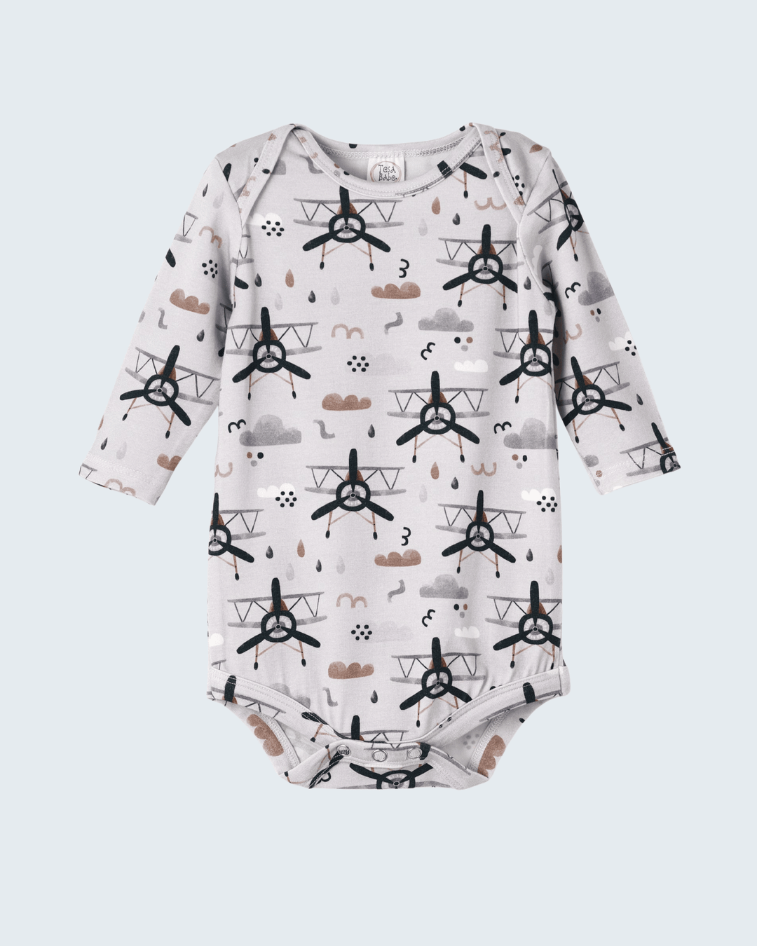 Baby long-sleeve bodysuit, light gray with black airplane pattern and snap legs