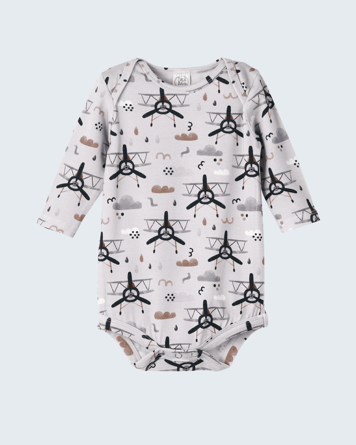 Baby long-sleeve bodysuit, light gray with black airplane pattern and snap legs