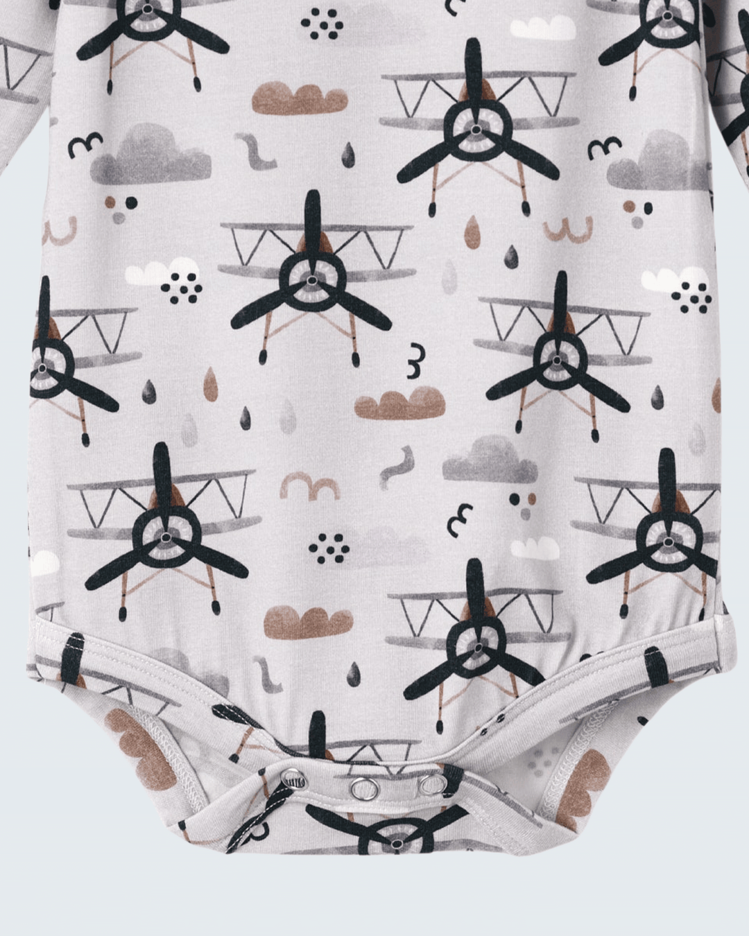 Baby bodysuit bottom with snap button gusset, light gray, black airplane and rain prints