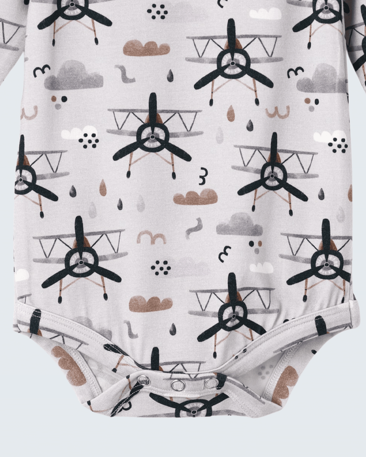 Baby bodysuit bottom with snap button gusset, light gray, black airplane and rain prints