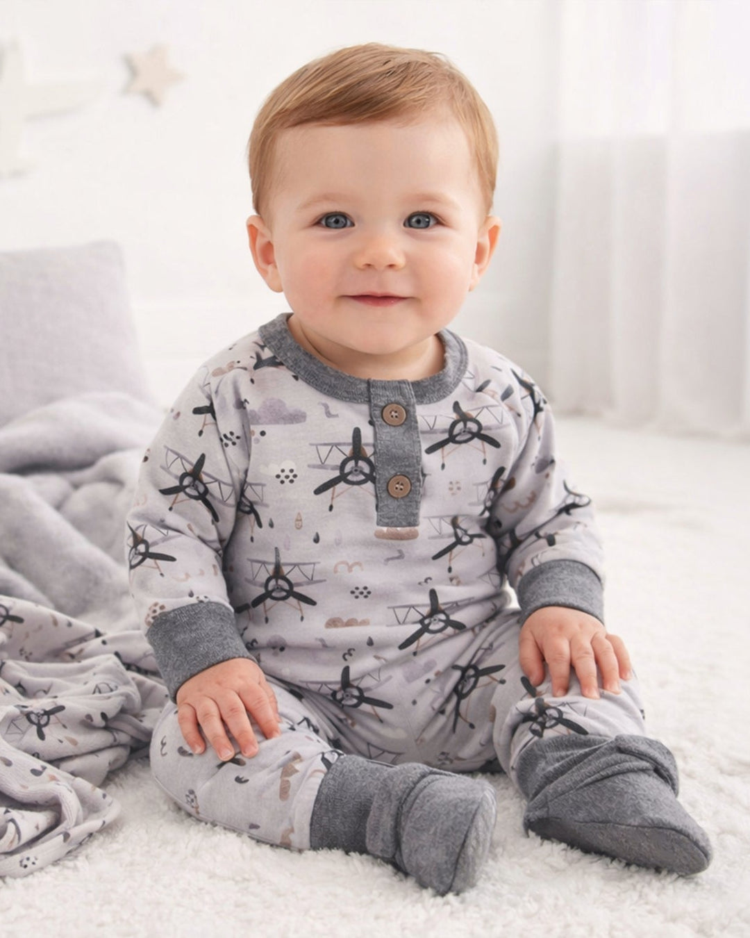 Baby airplane henley romper in light gray and white with allover print, snap placket