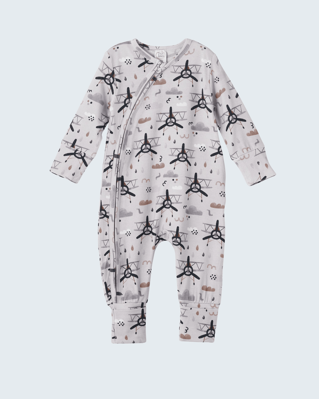 Bamboo zipper romper with long sleeves, front zipper, pale allover graphic, footed legs.