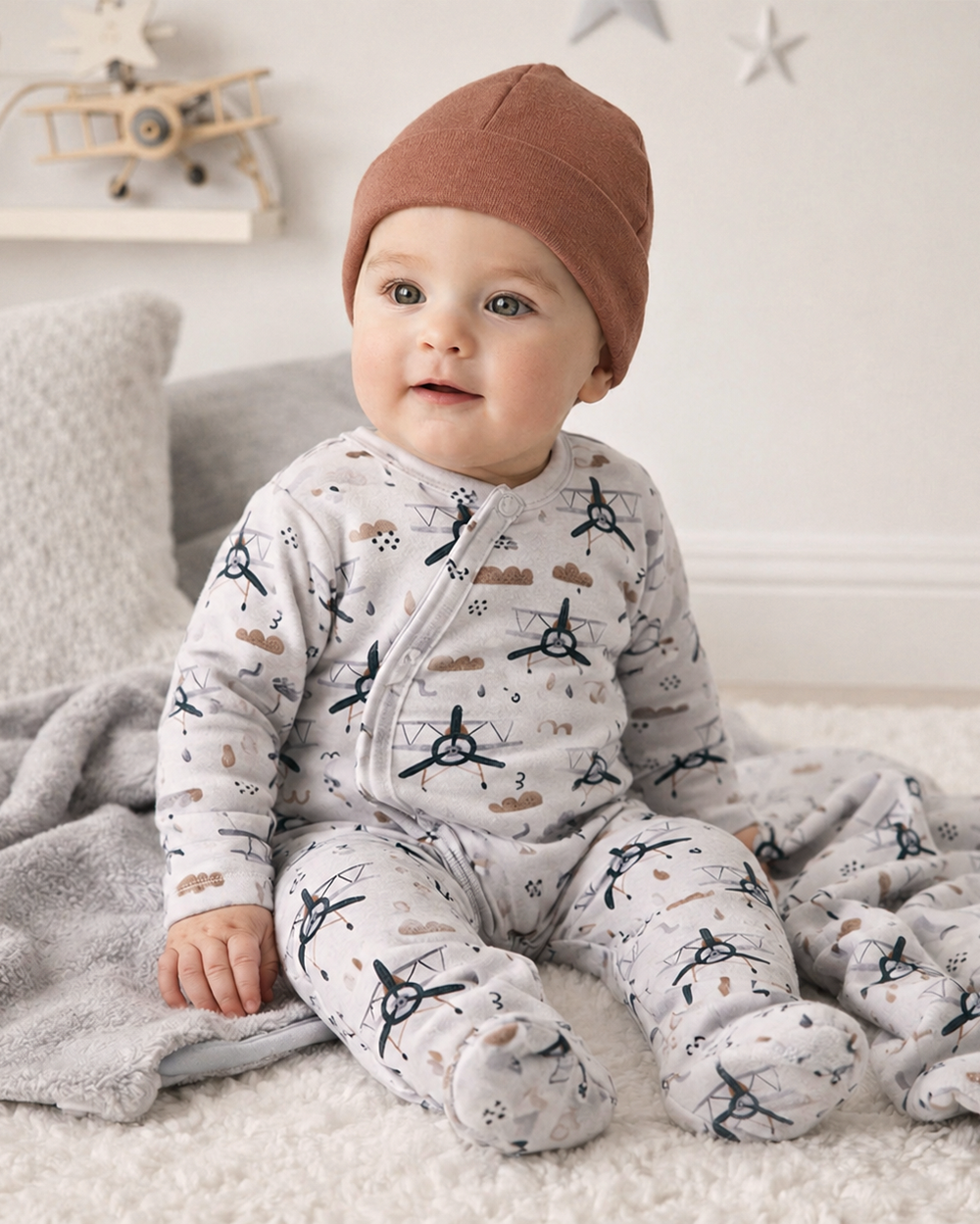 Light gray airplane-print zip-front baby footie romper, long sleeves, covered feet