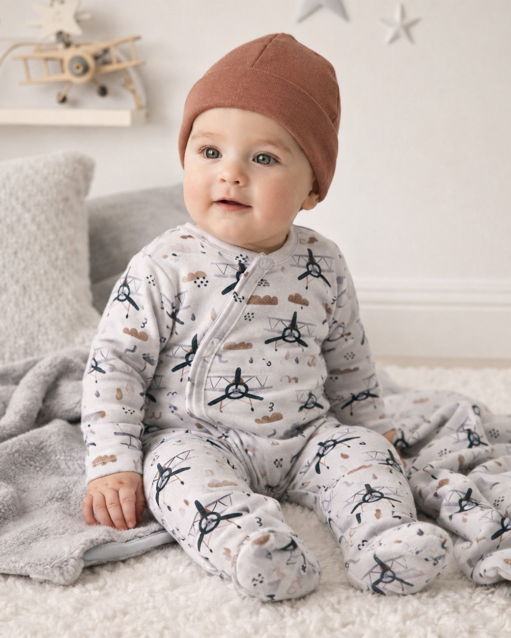 Light gray airplane-print zip-front baby footie romper, long sleeves, covered feet