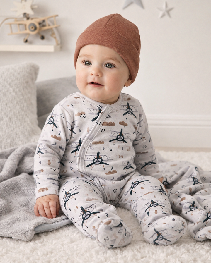 Light gray airplane-print zip-front baby footie romper, long sleeves, covered feet