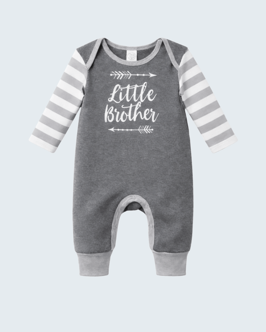 Gray cotton romper with striped sleeves and “Little Brother” arrow graphic
