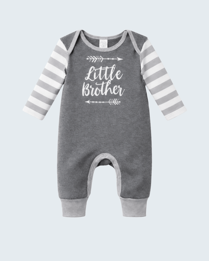 Gray cotton romper with striped sleeves and “Little Brother” arrow graphic