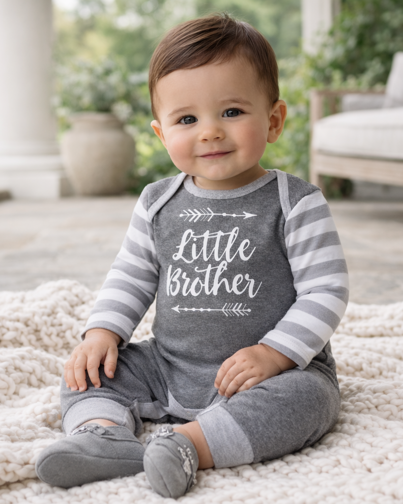 Gray cotton romper with white striped sleeves and “little brother” front graphic