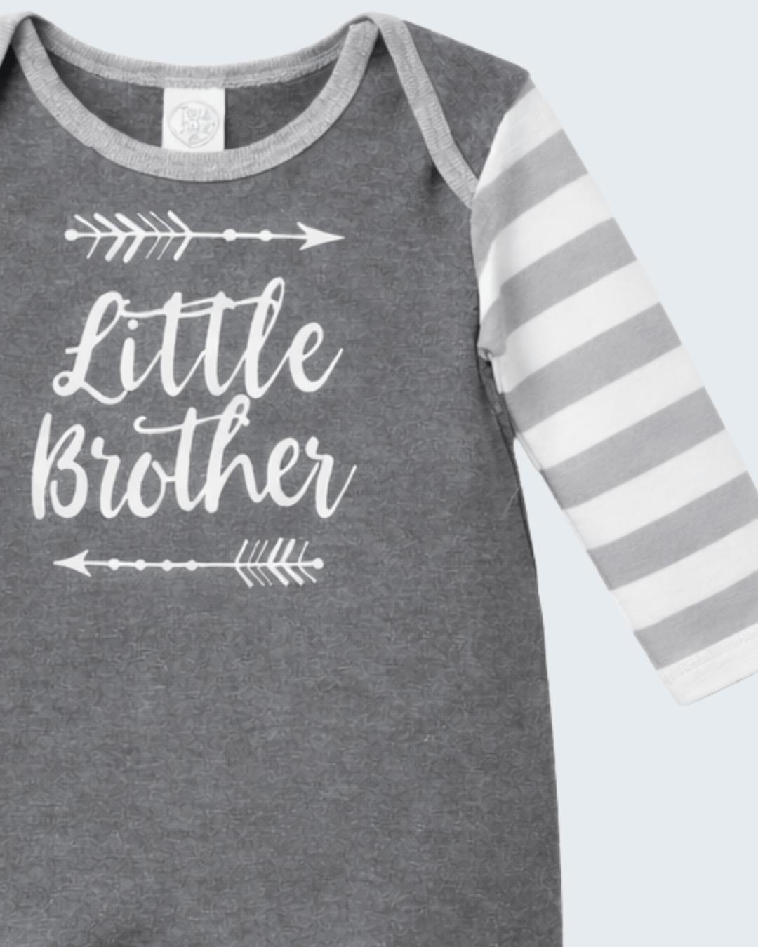 Gray cotton romper with “Little Brother” front print and striped raglan sleeve