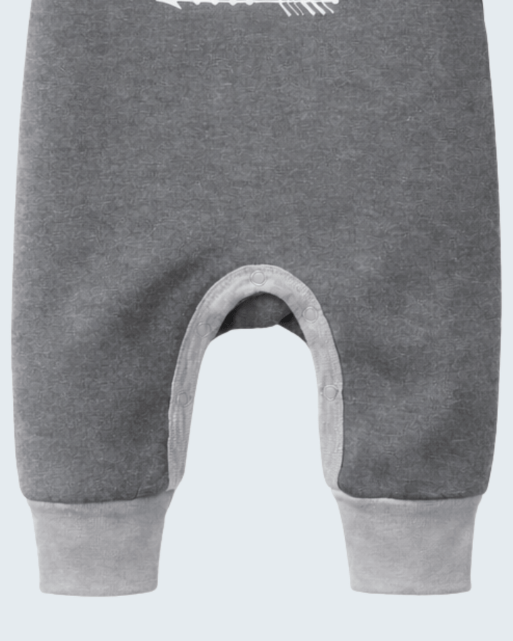 Gray cotton romper legs with cuffed hems and oval leg opening