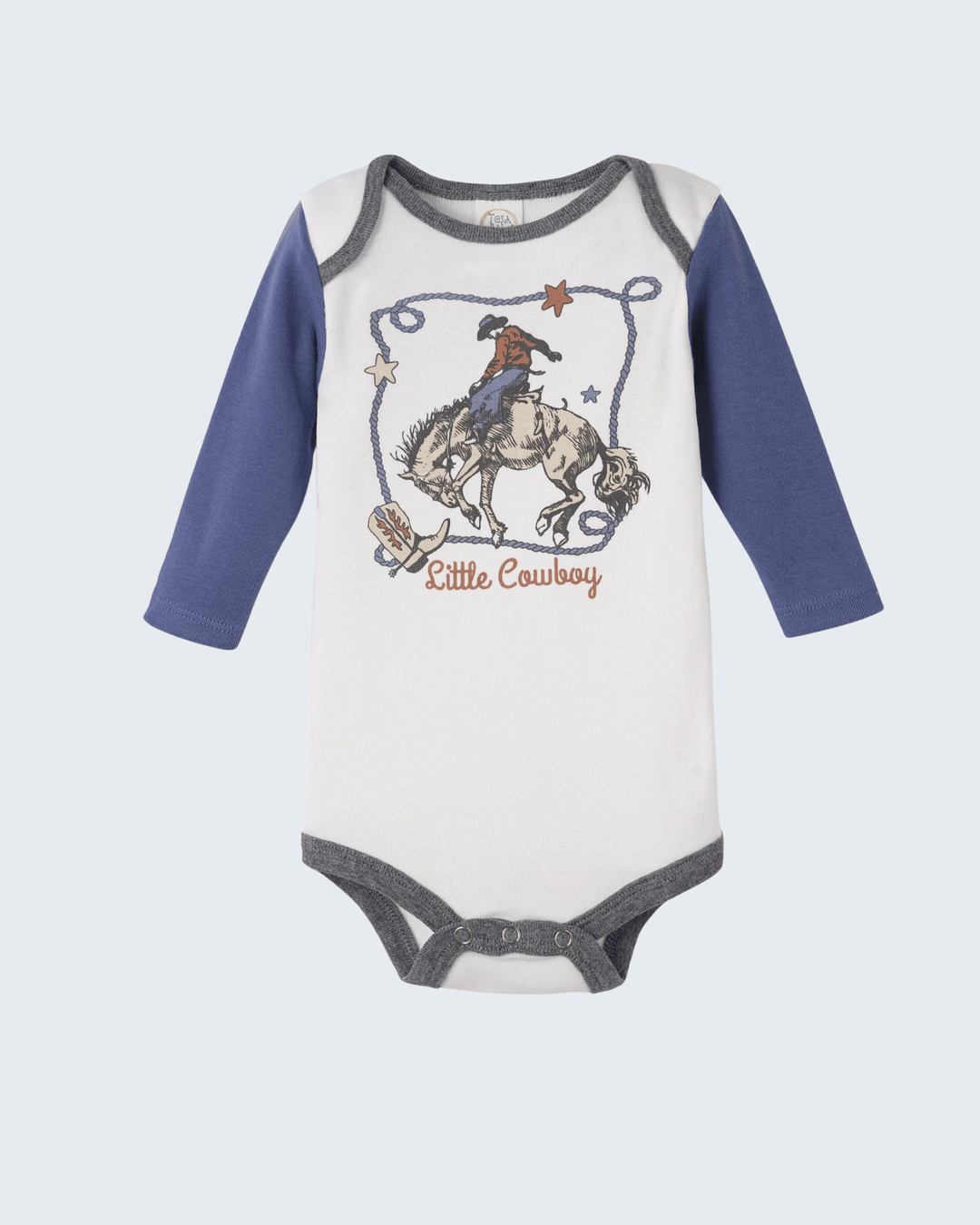 Long-sleeve baby bodysuit in white and blue with cowboy graphic and gray trim