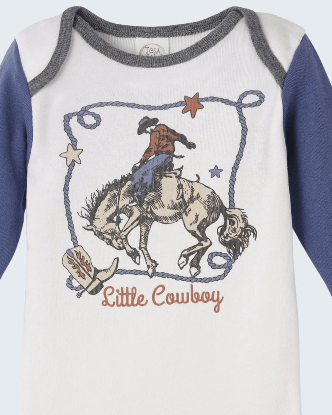 White and blue long-sleeve baby bodysuit with cowboy lasso graphic and gray collar