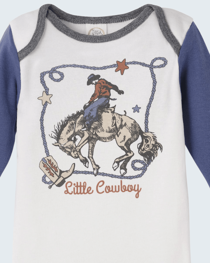 White and blue long-sleeve baby bodysuit with cowboy lasso graphic and gray collar