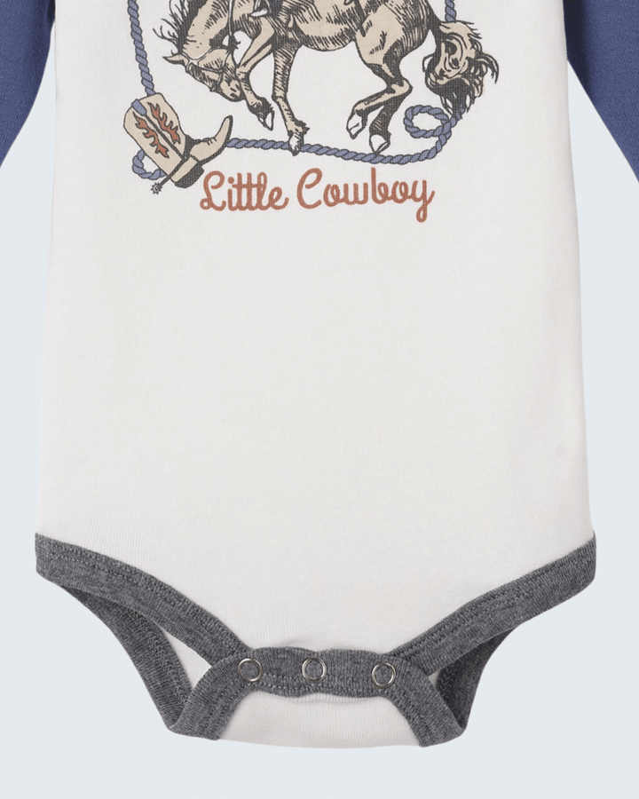White baby bodysuit with cowboy graphic and gray snap-button bottom trim