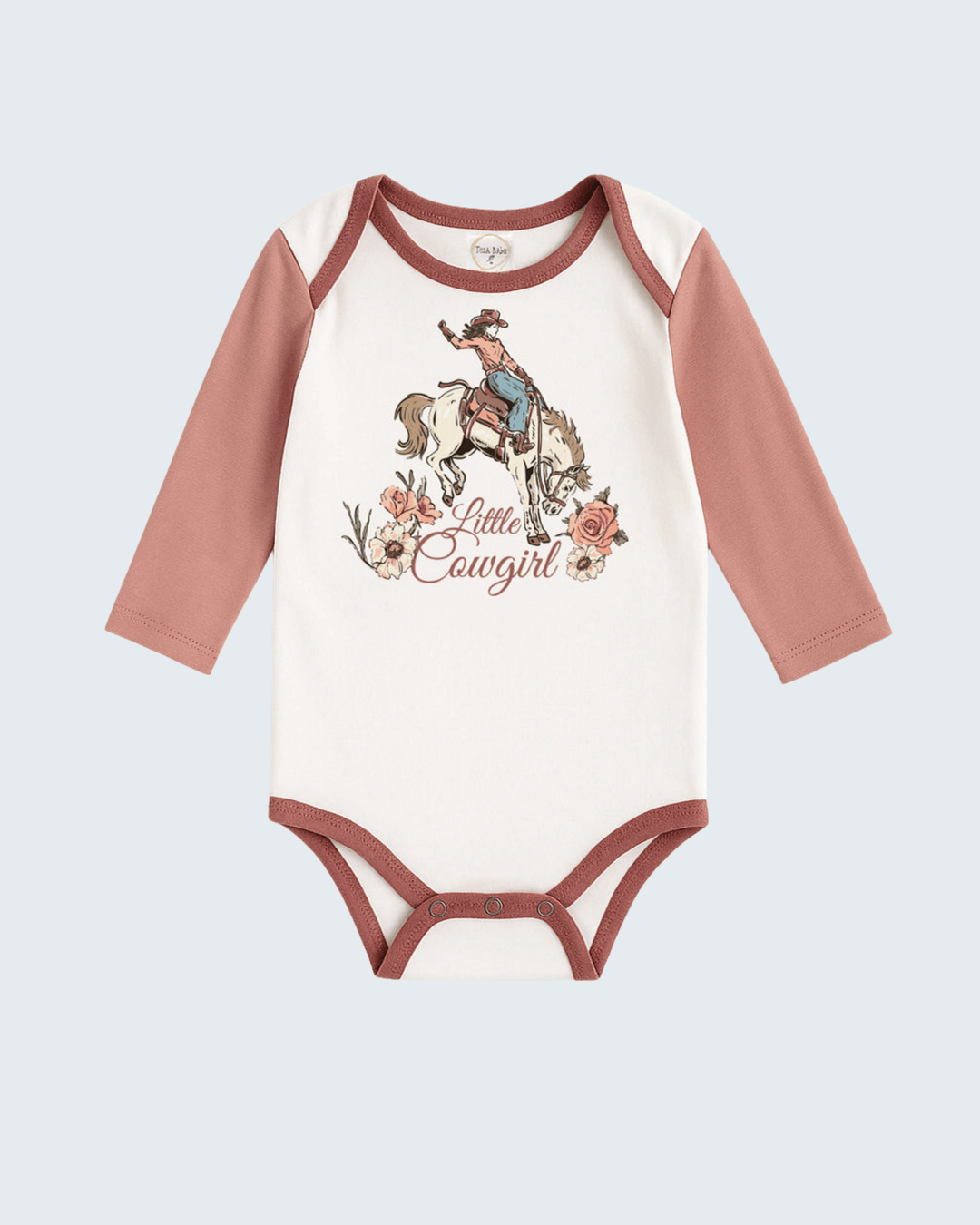 Baby cotton rib bodysuit, cream body with dusty rose long sleeves and cowgirl graphic