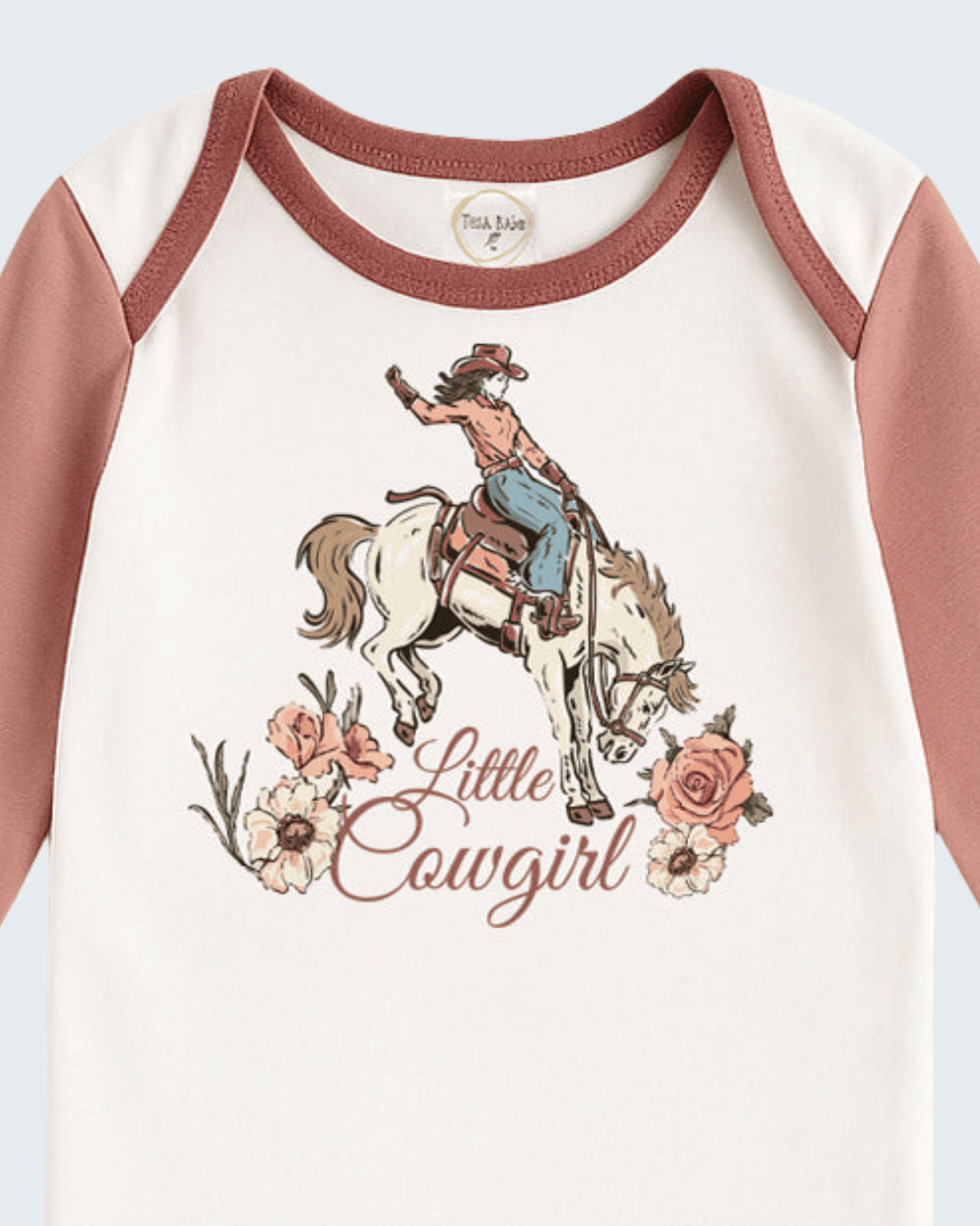 Baby cotton rib bodysuit with cowgirl and horse print, cream body and dusty rose sleeves