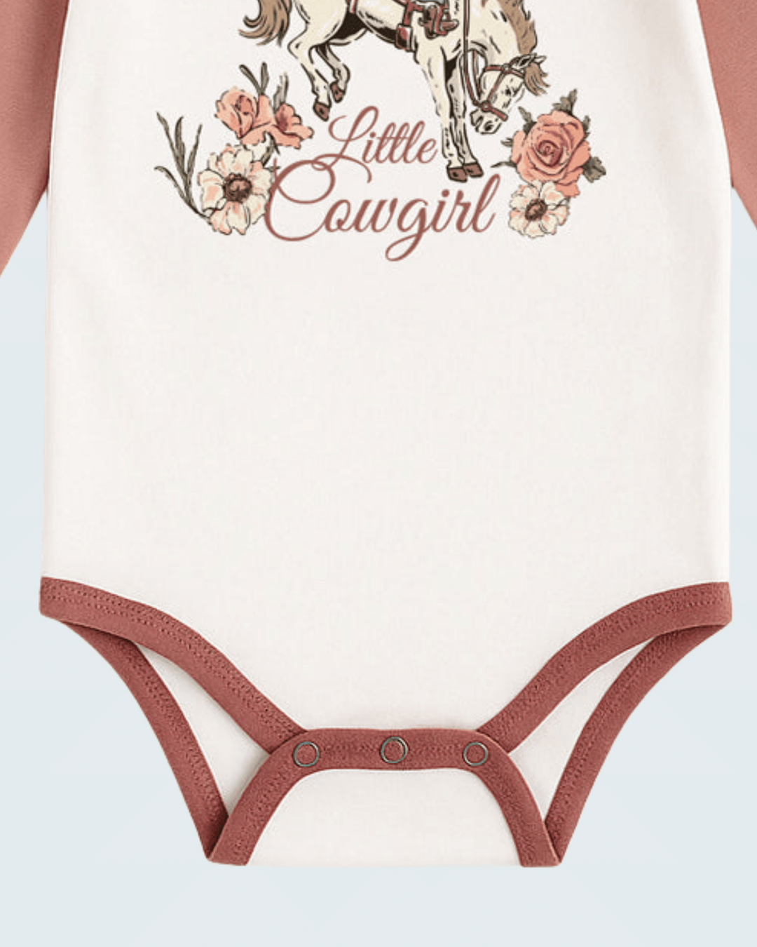 Baby cotton rib bodysuit front close-up with cowgirl floral graphic and snap crotch