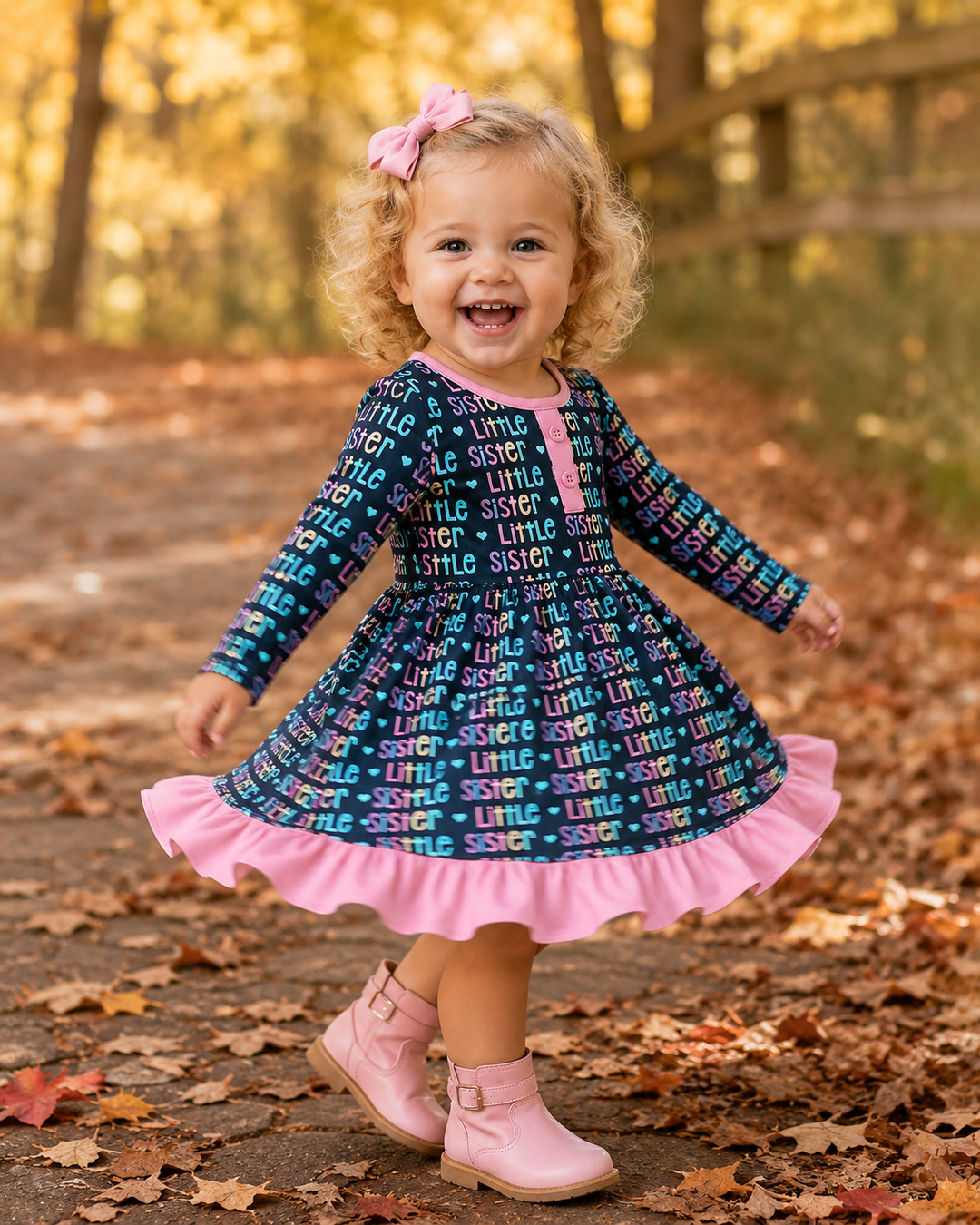 Child wearing a colorful dress with &
